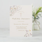 wildflowers grey beige background First Communion Kaart (Staand voorkant)