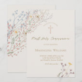 wildflowers grey beige background First Communion Kaart (Voorkant / Achterkant)