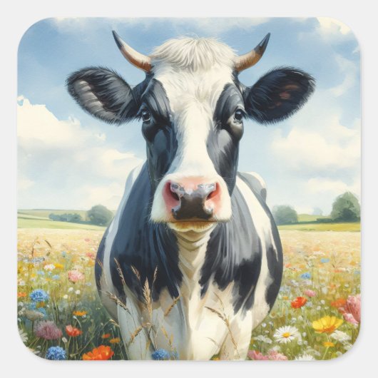 Wildflowers Holstein Dairy Koe Vierkante Sticker (Voorkant)