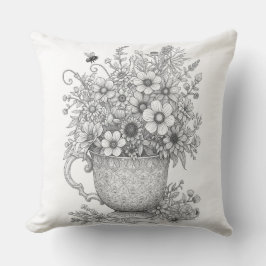 Wildflowers & Honey Bee Ink Sketch Throw Pillow Kussen