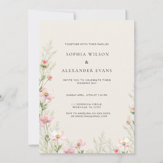 Wildflowers Huwelijksuitnodiging in een zachte rom Kaart (Voorkant)
