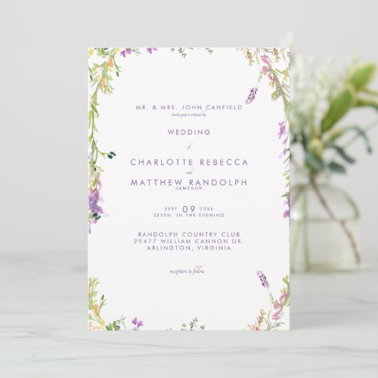 Wildflowers in Bloom Lavendel Huwelijksuitnodiging Kaart (Staand voorkant)