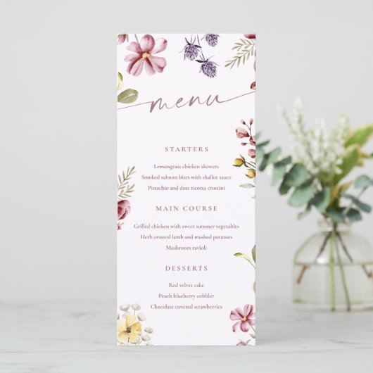Wildflowers Kalligrafie Floral Menu Kaart (Staand voorkant)