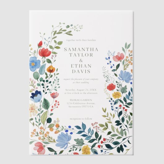 Wildflowers Kleurrijke tuin bruiloft Vellum Uitnodigingen (Voorkant)