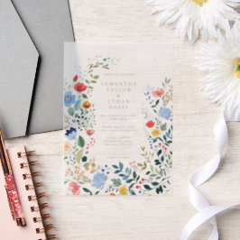 Wildflowers Kleurrijke tuin bruiloft Vellum Uitnodigingen