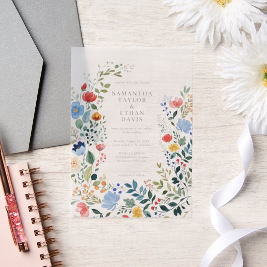 Wildflowers Kleurrijke tuin bruiloft Vellum Uitnodigingen (Huwelijk)