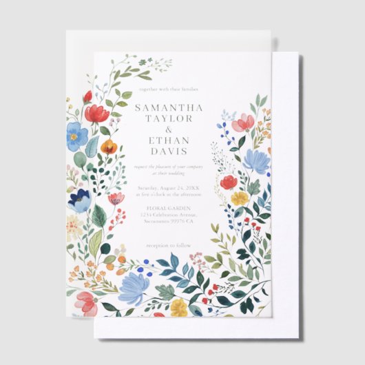 Wildflowers Kleurrijke tuin bruiloft Vellum Uitnodigingen (Offset)