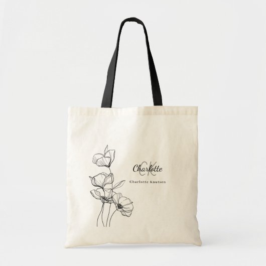 Wildflowers line art eenvoudige monogram naam tote bag (Voorkant)