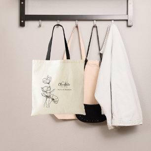 Wildflowers line art eenvoudige monogram naam tote bag