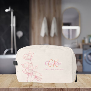 Wildflowers line art roze crème monogram naam toilettasje
