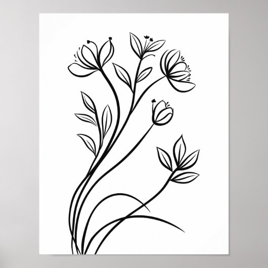 Wildflowers Line Art Zwart-wit Botanisch Poster (Voorkant)