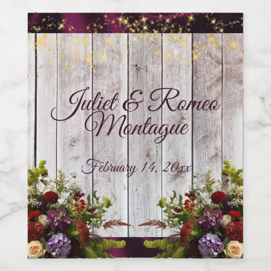 Wildflowers, Lint & Lights Wedding - Paarse Wijn Etiket (Enkel label)