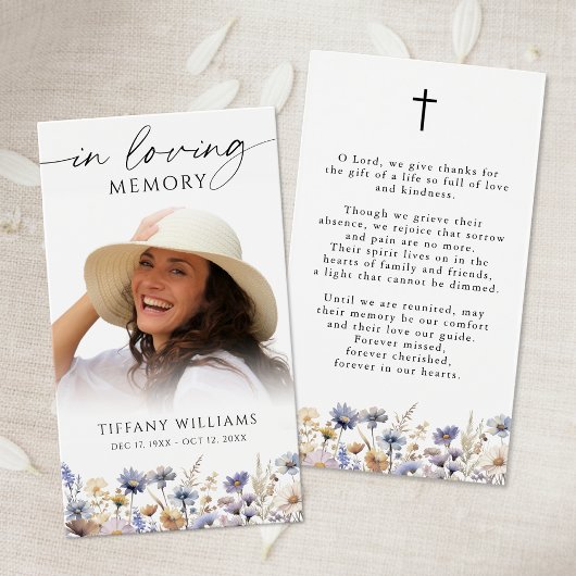 Wildflowers Loving Memory Cross Photo Prayer Card Visitekaartje