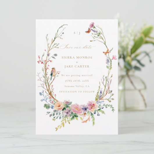 Wildflowers Magische Tuin Foto Huwelijk Save Datum Kaart (Staand voorkant)