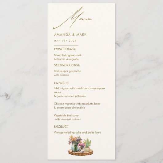 Wildflowers Mason Jar Boho bohemian Wedding Menu (Voorkant)
