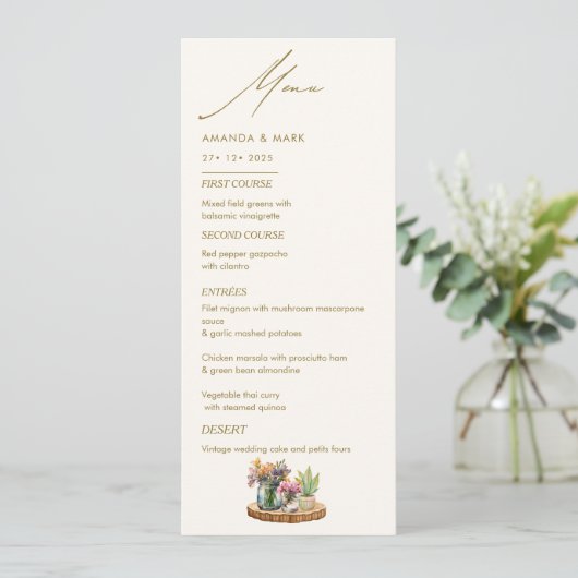 Wildflowers Mason Jar Boho bohemian Wedding Menu (Staand voorkant)