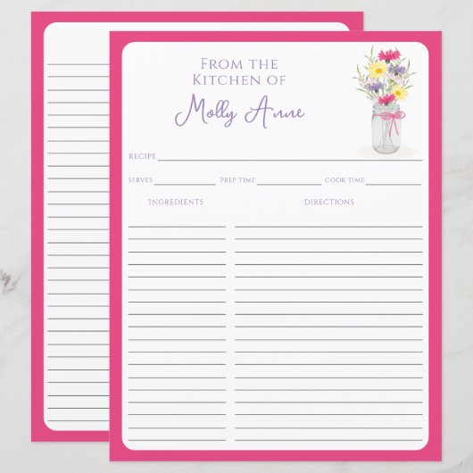 Wildflowers Mason Jar Pink Country Recipe Sheets (Voorkant / Achterkant)