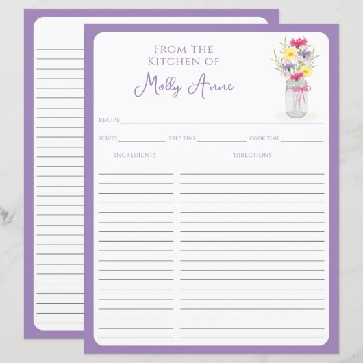 Wildflowers Mason Jar Purple Country Recipe Sheets (Voorkant / Achterkant)