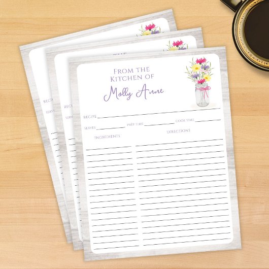 Wildflowers Mason Jar Purple Rustic Recipe Sheets