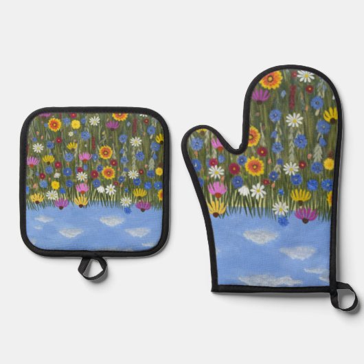 Wildflowers met madeliefjes ovenwant & pannenlap set (Voorkant)