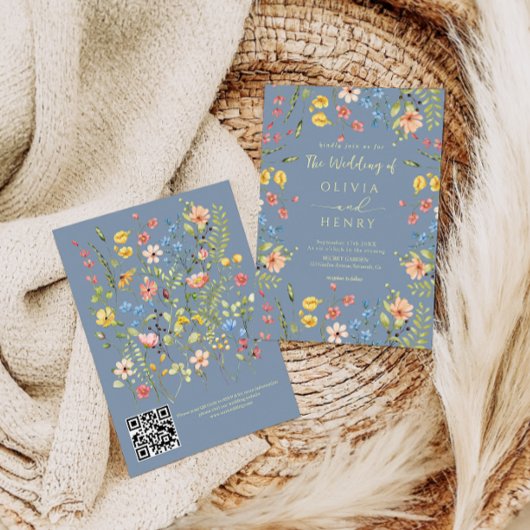 Wildflowers Modern Dusty Blue QR Code Wedding Kaart