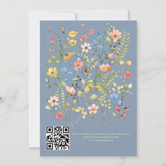 Wildflowers Modern Dusty Blue QR Code Wedding Kaart (Achterkant)