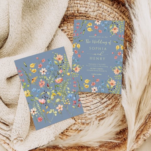 Wildflowers Modern Elegant Dusty Blue Wedding Kaart