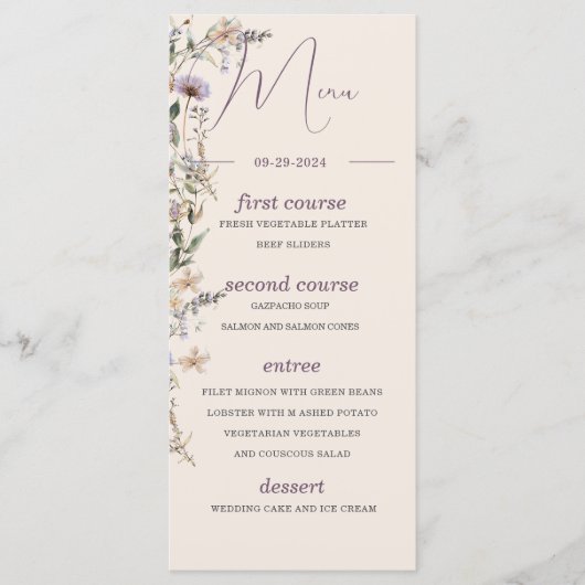 Wildflowers Modern Monogram bruiloft Menu (Voorkant)