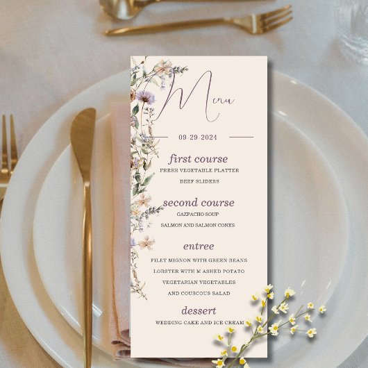 Wildflowers Modern Monogram bruiloft Menu