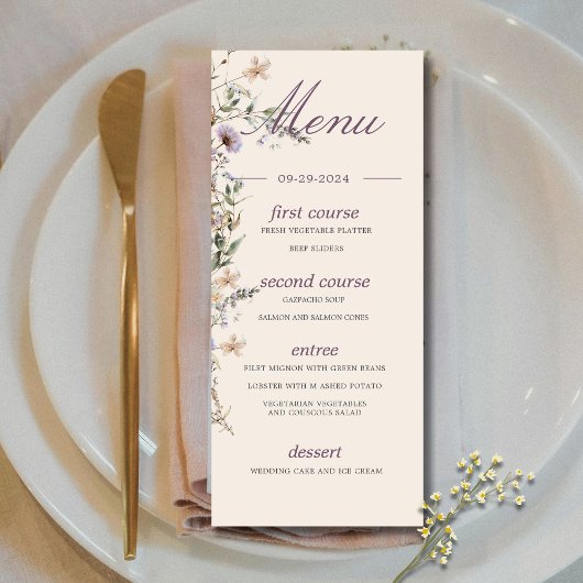 Wildflowers Modern Monogram bruiloft Menu