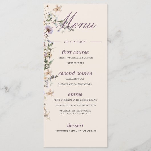 Wildflowers Modern Monogram bruiloft Menu (Voorkant)