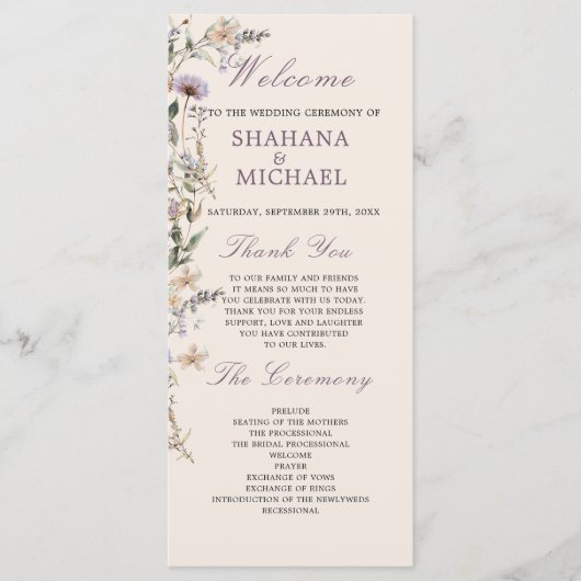 Wildflowers Modern Welcome Order Service Wedding Menu (Voorkant)