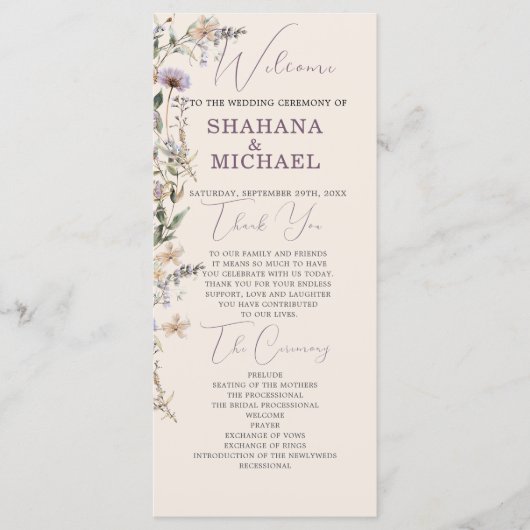 Wildflowers Modern Welcome Order Service Wedding Menu (Voorkant)