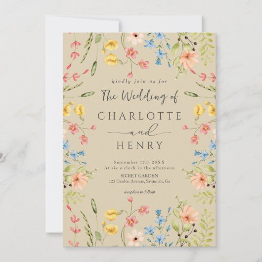 Wildflowers Moderne Elegante Tuin Beige Wedding Kaart (Voorkant)