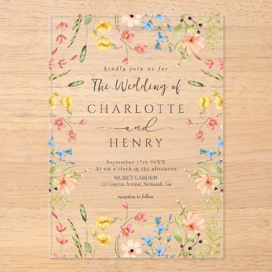 Wildflowers Moderne Elegante Tuin Trouwen Acryl Uitnodigingen (Voorkant)