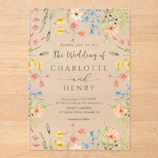 Wildflowers Moderne Elegante Tuin Trouwen Acryl Uitnodigingen (Voorkant)