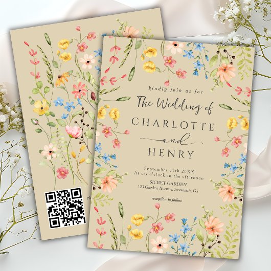 Wildflowers Moderne Tuin Beige QR Code Wedding Kaart