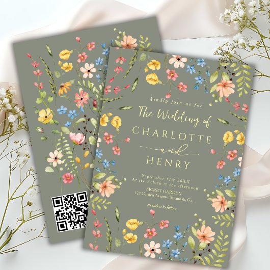 Wildflowers Moderne Tuin Wijze QR Code Huwelijk Kaart