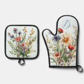 Wildflowers Monogram Initiaal Keuken Ovenwant & Pannenlap Set (Voorkant)