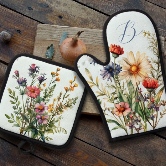 Wildflowers Monogram Initiaal Keuken Ovenwant & Pannenlap Set