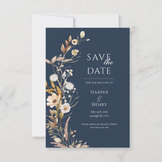 Wildflowers Navy Blue Boho Botanical Save The Date (Voorkant)
