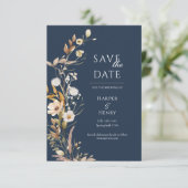 Wildflowers Navy Blue Boho Botanical Save The Date (Staand voorkant)