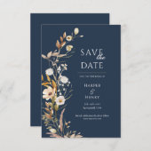 Wildflowers Navy Blue Boho Botanical Save The Date (Voorkant / Achterkant)