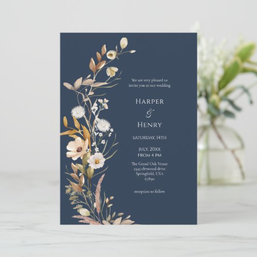 Wildflowers Navy Blue Boho Botanical Wedding Kaart (Staand voorkant)