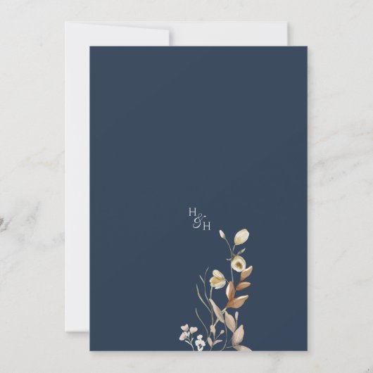 Wildflowers Navy Blue Boho Botanical Wedding Kaart (Achterkant)