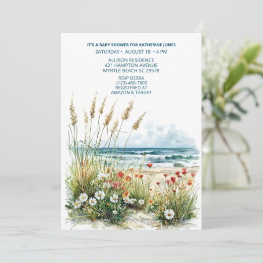 Wildflowers op het strand Baby shower Invitation Kaart (Staand voorkant)