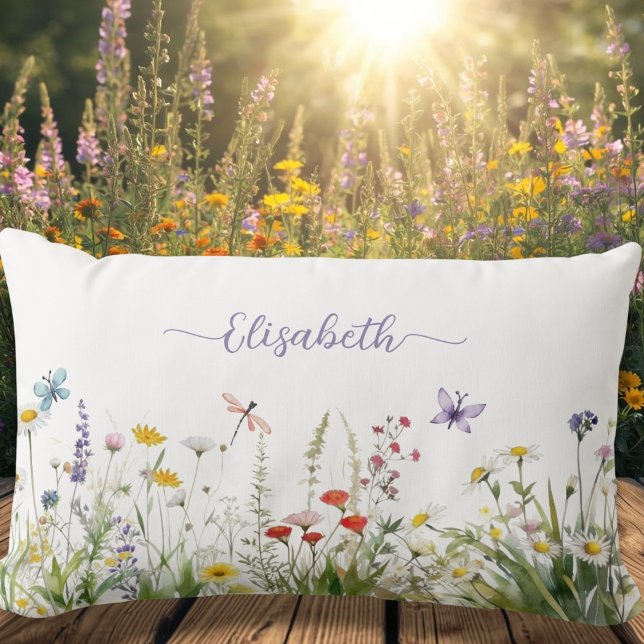 Wildflowers Paarse Lila scriptnaam Kussen (Wildflowers Purple Lilac Script Name Lumbar Pillow)