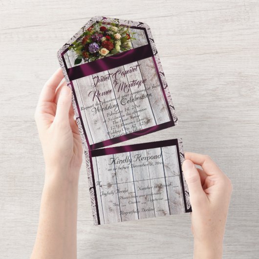 Wildflowers, Paarse lint, kant & lichten All In One Uitnodiging (Afscheurbaar)