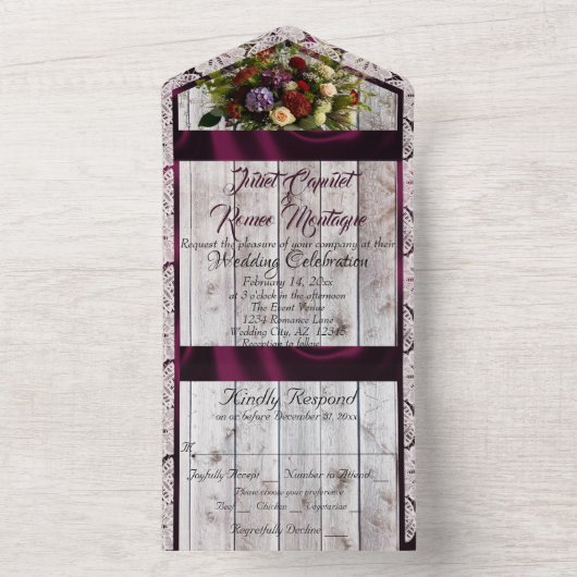 Wildflowers, Paarse lint, kant & lichten All In One Uitnodiging (Binnen)