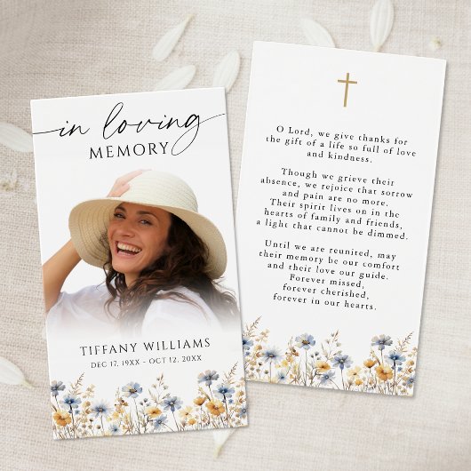 Wildflowers Photo Loving Memory Cross Prayer Card Visitekaartje